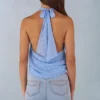 Maraya Deep Plunge Halterneck Top in Blue Polka Dot Print