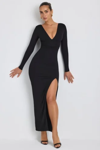 Marcela Modal Plunge Neck Long Sleeve Maxi Dress in Black