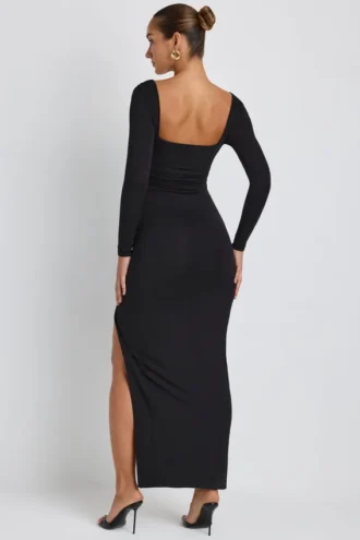 Marcela Modal Plunge Neck Long Sleeve Maxi Dress in Black