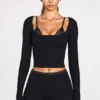 Margaux Ribbed Modal Long-Sleeve Laced Bra Top in Black