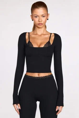 Margaux Ribbed Modal Long-Sleeve Laced Bra Top in Black