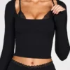 Margaux Ribbed Modal Long-Sleeve Laced Bra Top in Black