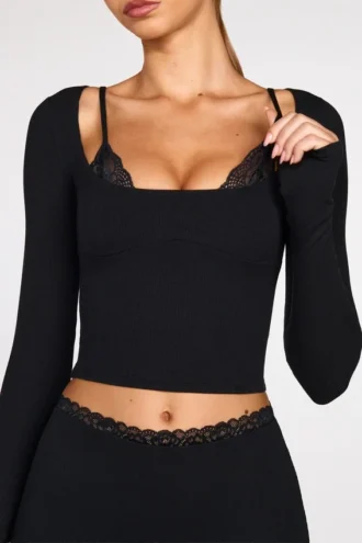 Margaux Ribbed Modal Long-Sleeve Laced Bra Top in Black