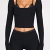 Margaux Ribbed Modal Long-Sleeve Laced Bra Top in Black