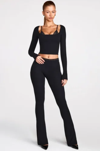Philippa Modal Mid-Rise Flared Trousers in Black