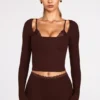 Margaux Ribbed Modal Long-Sleeve Laced Bra Top in Chocolate Brown