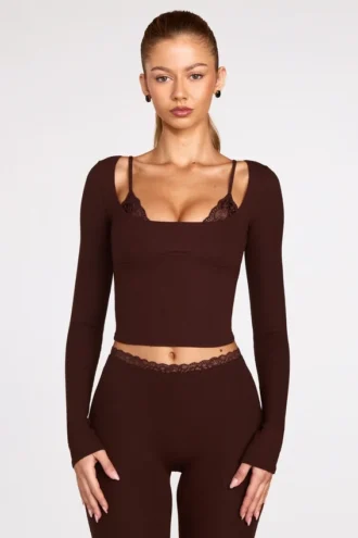 Margaux Ribbed Modal Long-Sleeve Laced Bra Top in Chocolate Brown