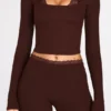 Margaux Ribbed Modal Long-Sleeve Laced Bra Top in Chocolate Brown