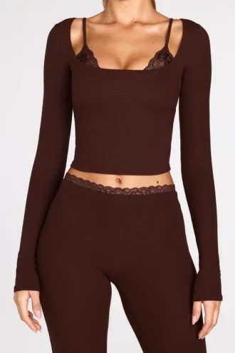 Margaux Ribbed Modal Long-Sleeve Laced Bra Top in Chocolate Brown