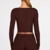 Margaux Ribbed Modal Long-Sleeve Laced Bra Top in Chocolate Brown
