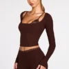 Margaux Ribbed Modal Long-Sleeve Laced Bra Top in Chocolate Brown