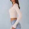 Margaux Ribbed Modal Long-Sleeve Laced Bra Top in Ivory