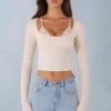Margaux Ribbed Modal Long-Sleeve Laced Bra Top in Ivory