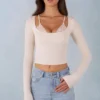 Margaux Ribbed Modal Long-Sleeve Laced Bra Top in Ivory