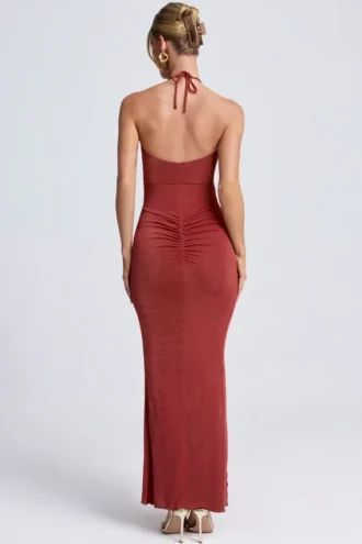 Margot Hardware Detail Cut-Out Halterneck Maxi Dress in Auburn Brown