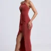 Margot Hardware Detail Cut-Out Halterneck Maxi Dress in Auburn Brown