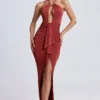 Margot Hardware Detail Cut-Out Halterneck Maxi Dress in Auburn Brown