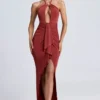 Margot Hardware Detail Cut-Out Halterneck Maxi Dress in Auburn Brown