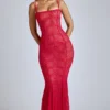 Marietta Sheer Lace Fishtail Gown in Cherry Red