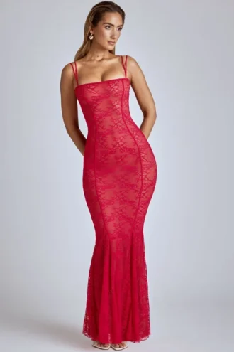 Marietta Sheer Lace Fishtail Gown in Cherry Red