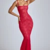 Marietta Sheer Lace Fishtail Gown in Cherry Red