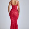 Marietta Sheer Lace Fishtail Gown in Cherry Red
