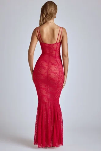 Marietta Sheer Lace Fishtail Gown in Cherry Red