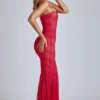 Marietta Sheer Lace Fishtail Gown in Cherry Red