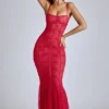 Marietta Sheer Lace Fishtail Gown in Cherry Red