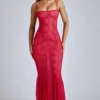 Marietta Sheer Lace Fishtail Gown in Cherry Red