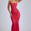 Marietta Sheer Lace Fishtail Gown in Cherry Red