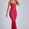 Marietta Sheer Lace Fishtail Gown in Cherry Red