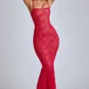 Marietta Sheer Lace Fishtail Gown in Cherry Red
