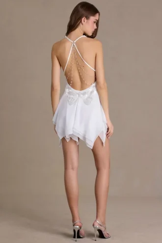 Mariette Chiffon Plunge-Neck Open-Back Mini Dress in White
