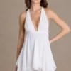 Mariette Chiffon Plunge-Neck Open-Back Mini Dress in White