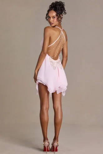 Mariette Premium Chiffon Plunge-Neck Open-Back Mini Dress in Baby Pink