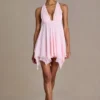 Mariette Premium Chiffon Plunge-Neck Open-Back Mini Dress in Baby Pink