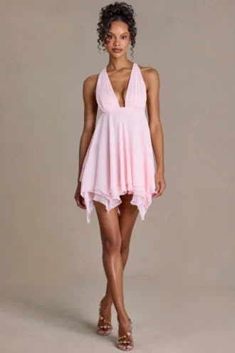 Mariette Premium Chiffon Plunge-Neck Open-Back Mini Dress in Baby Pink