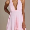 Mariette Premium Chiffon Plunge-Neck Open-Back Mini Dress in Baby Pink