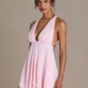 Mariette Premium Chiffon Plunge-Neck Open-Back Mini Dress in Baby Pink