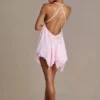 Mariette Premium Chiffon Plunge-Neck Open-Back Mini Dress in Baby Pink