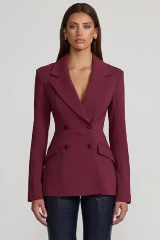 Marika Structured Double-Breasted Blazer in Burgundy