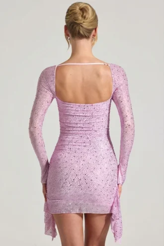 Marilla Embellished Draped Cowl-Neck Mini Dress in Peony Pink