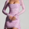 Marilla Embellished Draped Cowl-Neck Mini Dress in Peony Pink