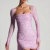 Marilla Embellished Draped Cowl-Neck Mini Dress in Peony Pink