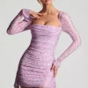 Marilla Embellished Draped Cowl-Neck Mini Dress in Peony Pink