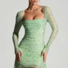 Marilla Embellished Draped Cowl-Neck Mini Dress in Pistachio