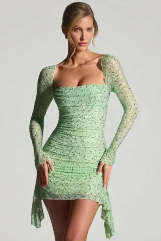 Marilla Embellished Draped Cowl-Neck Mini Dress in Pistachio