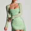 Marilla Embellished Draped Cowl-Neck Mini Dress in Pistachio