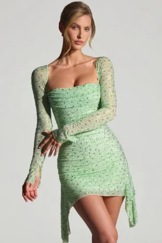 Marilla Embellished Draped Cowl-Neck Mini Dress in Pistachio